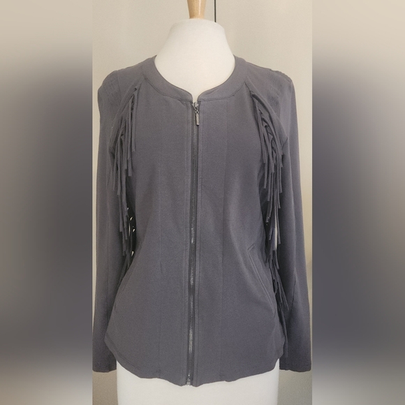 J50 Yest Jacket Womens Gray Cotton Stretch Full Zip Western Fringe Embroidered - Picture 1 of 12